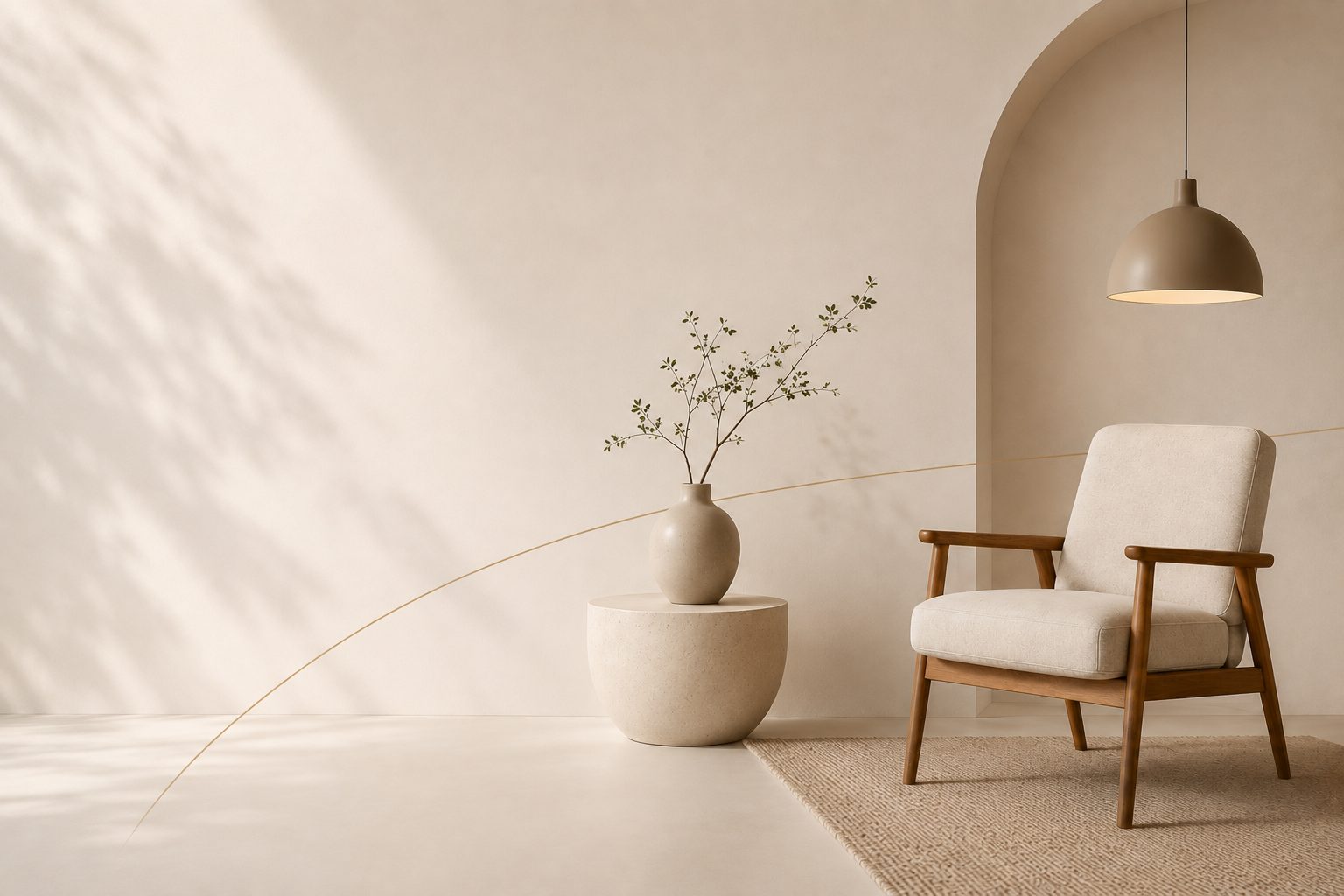 A quiet room: a wooden armchair on a jute rug beneath a pendant lamp, beside a vase of branches on a stone plinth